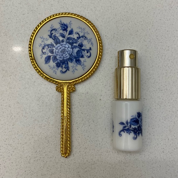 Vintage Accessories - Vintage Gold and Porcelain Handheld Mirror and Atomizer Set